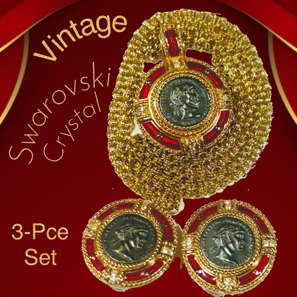 Vintage SWAROVSKI Swan Signed Necklace & Clip Earrings ~ Stunning!